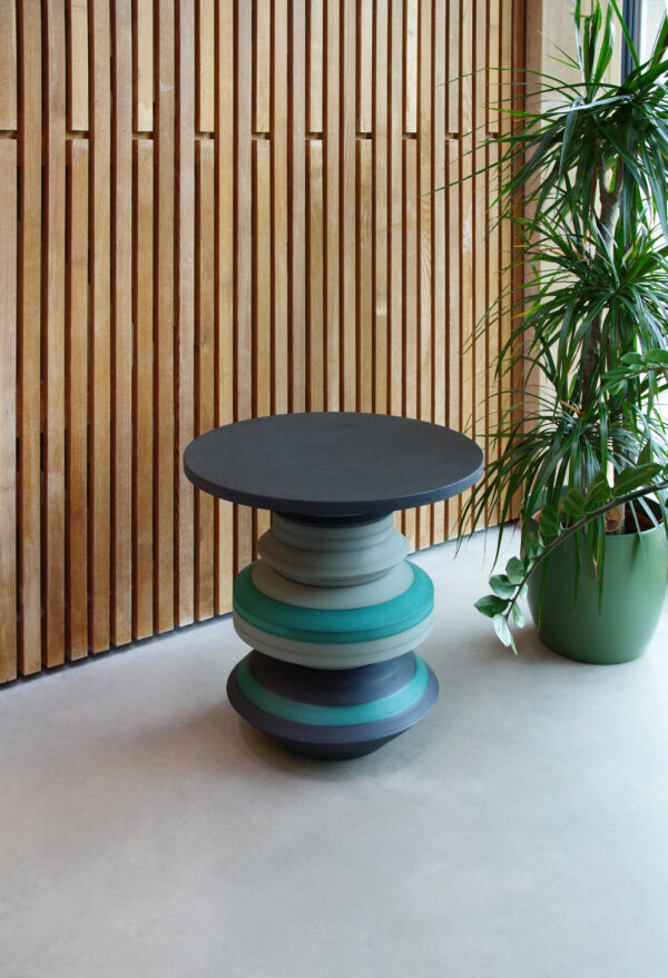 Hue Hoop side table, natural composite material with linoleum-coated tabletop, modern design, Estonian product design